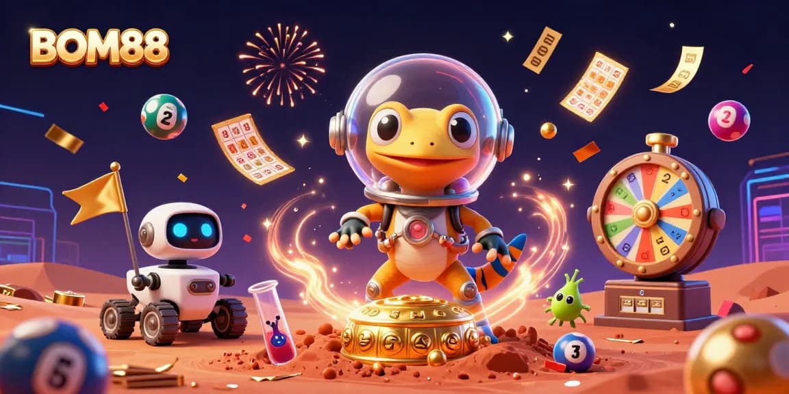 Engage with BOM88's vibrant gaming world featuring exciting casino elements in a 3D Martian scene.