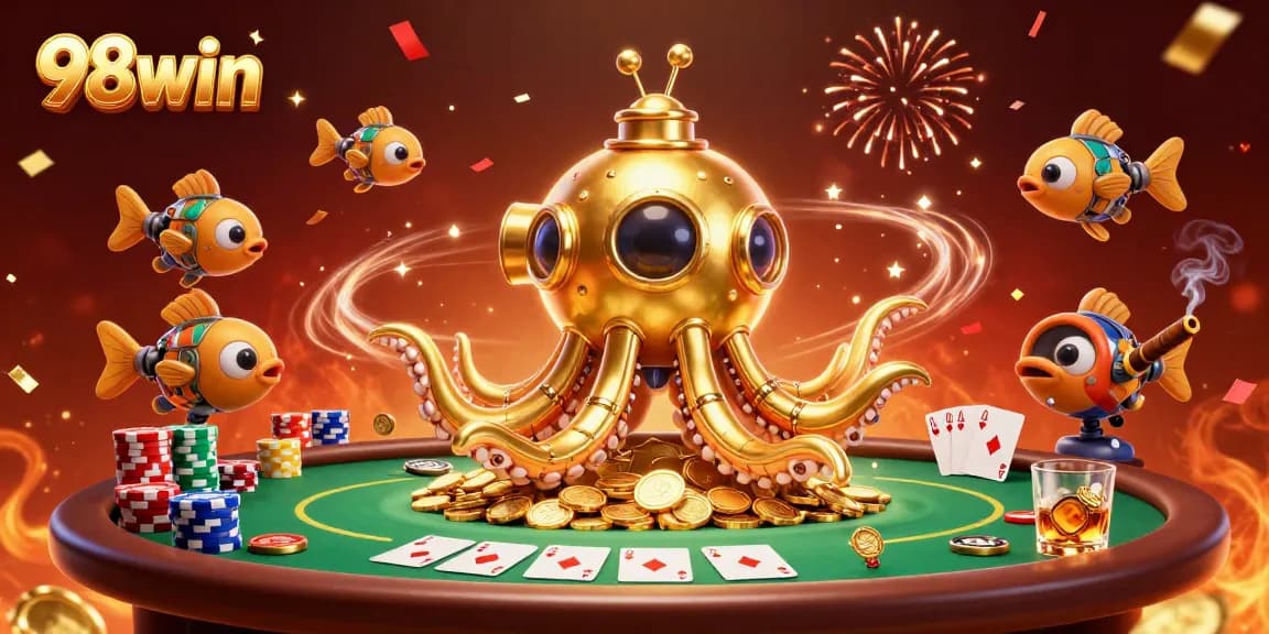 Win big with 98win's thrilling casino experience featuring a golden kraken, poker dynamics, and excitement.