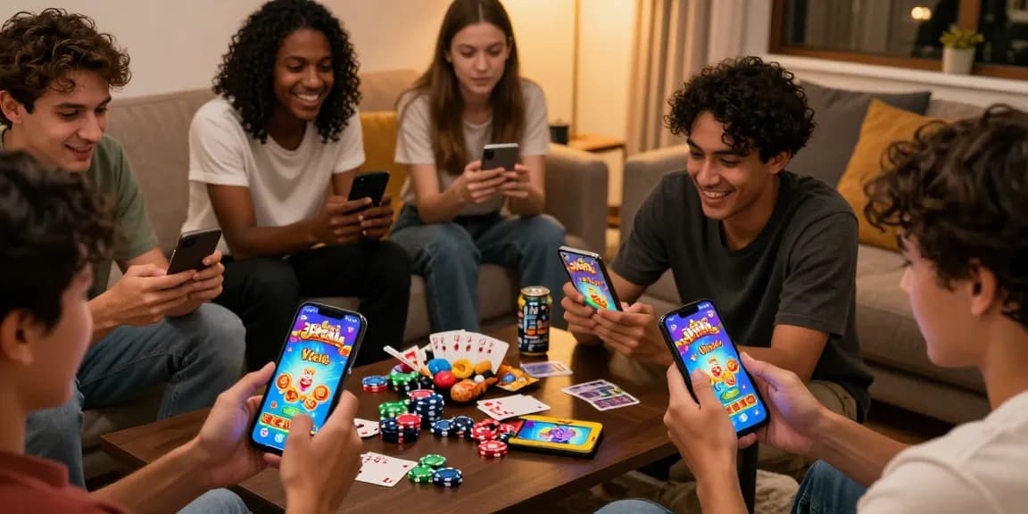3Patti World players enjoying engaging games like Teen Patti on their smartphones while surrounded by snacks in a cozy living room.