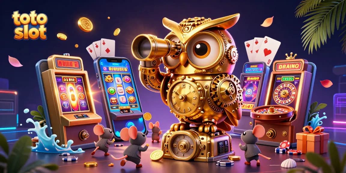 Experience the excitement of toto slot with a 3D owl and lively casino-themed scene.
