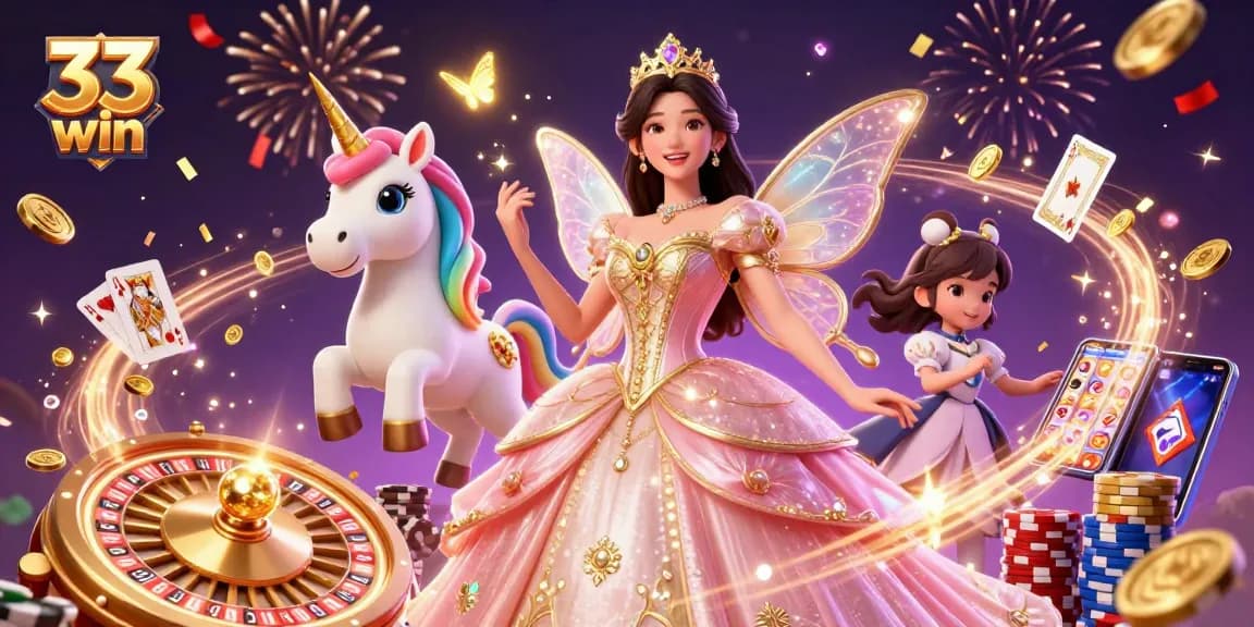 Experience the excitement of 33 win with a glamorous casino scene featuring a princess and a golden unicorn.
