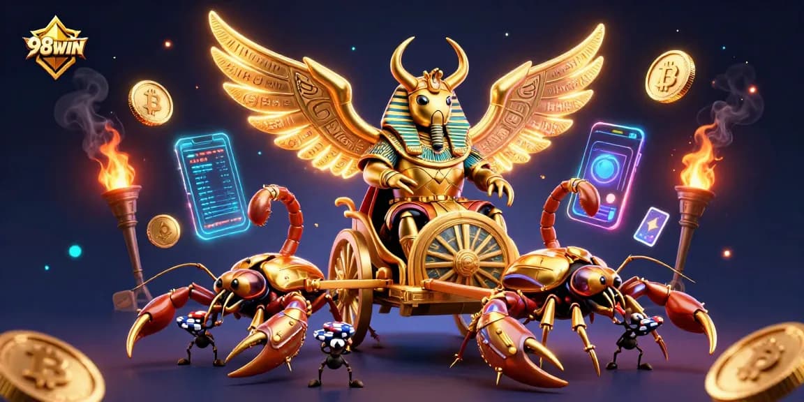 Join the excitement of 98WIN with colossal scarab knights and vibrant casino elements.