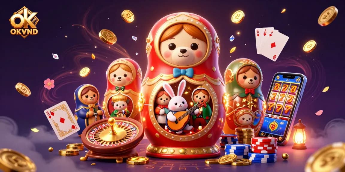Experience the excitement of OKVND with lively cartoon characters and dynamic casino elements.