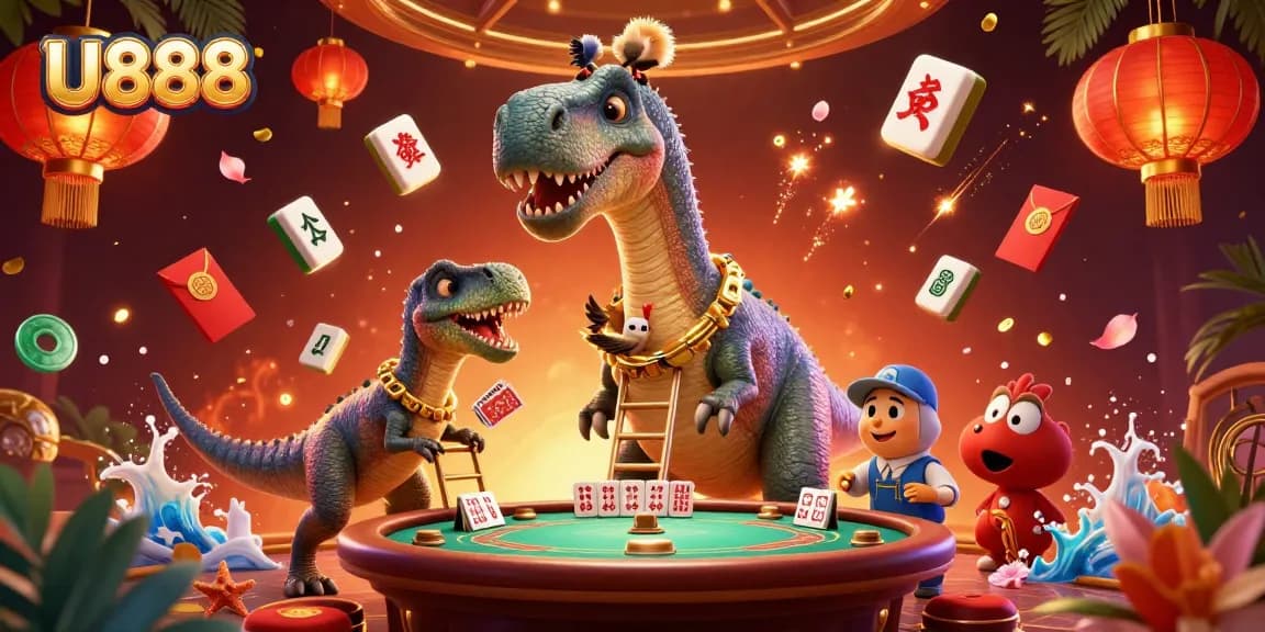 U888 offers thrilling gambling experiences with a playful brontosaurus and clever raptor in a vibrant casino scene.
