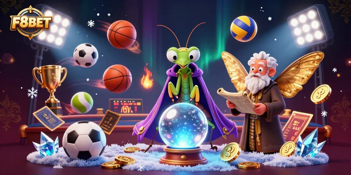 Engage in winning strategies with F8BET at a vibrant casino filled with dynamic sports elements and mystical characters.