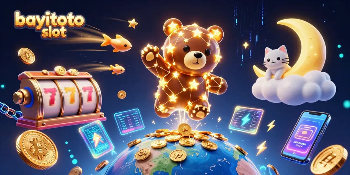 Engage with the bayitoto slot illustration featuring a constellation bear and vibrant casino elements.