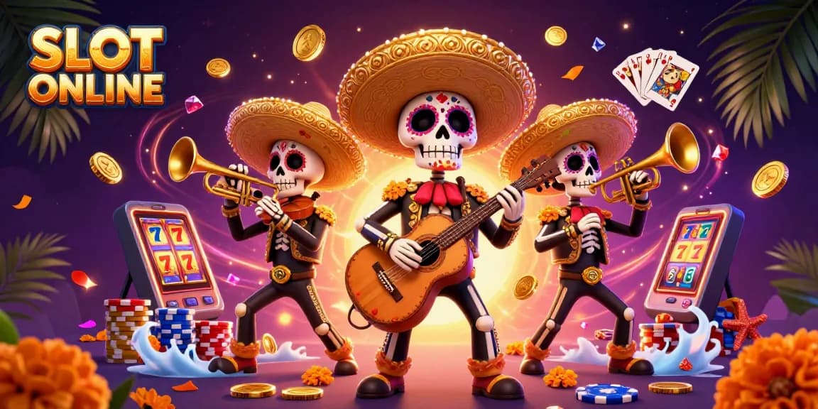 SLOT ONLINE: Mainkan slot dengan gembira dalam ilustrasi kasino bertema Dia de los Muertos.