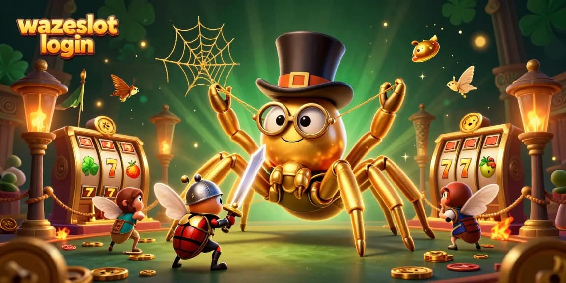 Experience the thrill of Wazeslot login, featuring a dynamic casino scene filled with slots and golden characters.