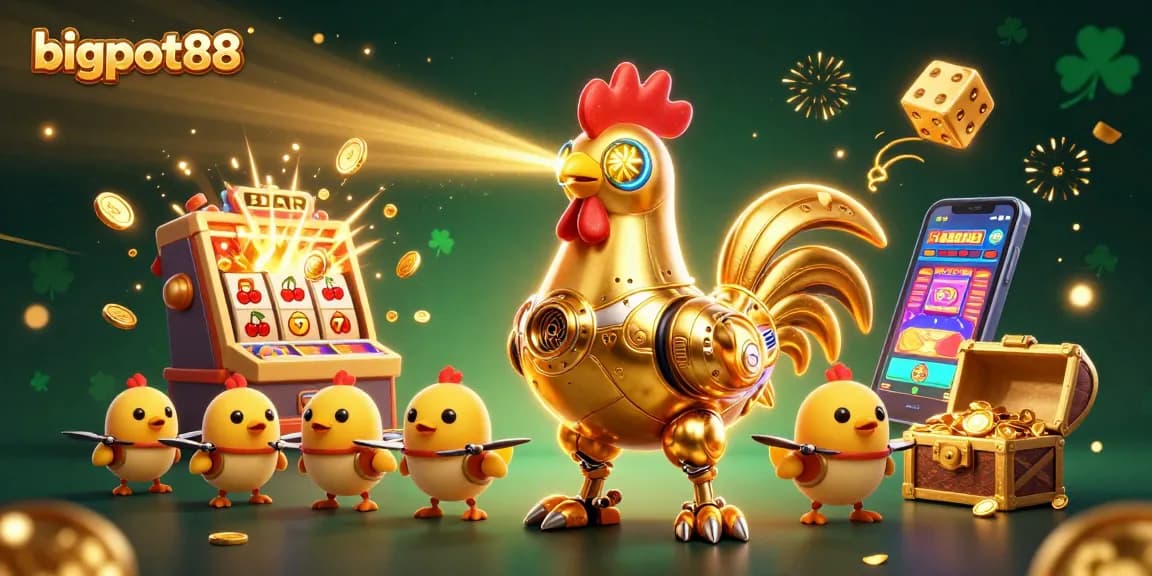 Engage with bigpot88 in a vibrant, animated scene featuring a golden rooster robot and thrilling slot game elements.