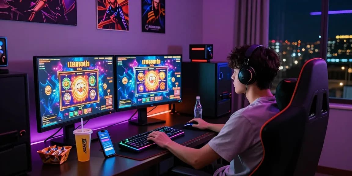 Dynamic gaming scene featuring a player engaged in online slots with a deposit tanpa minimal option, illuminated gaming setup, vibrant atmosphere.