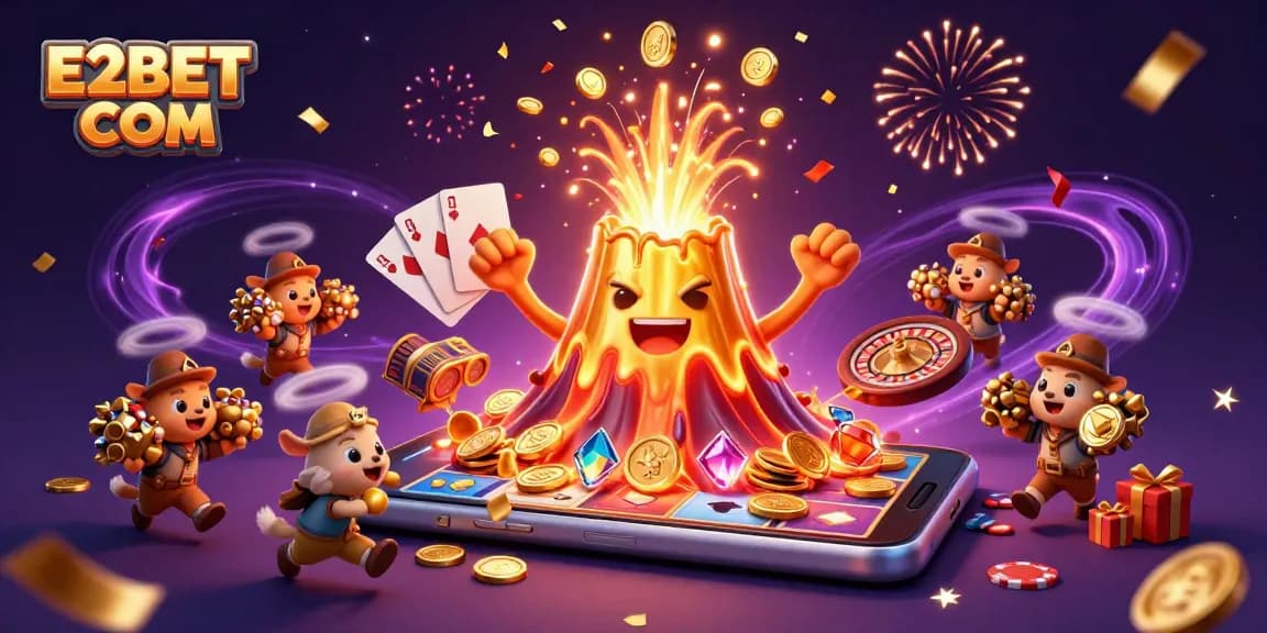 Win big at E2BET COM with this vibrant casino-themed illustration showcasing exciting games.