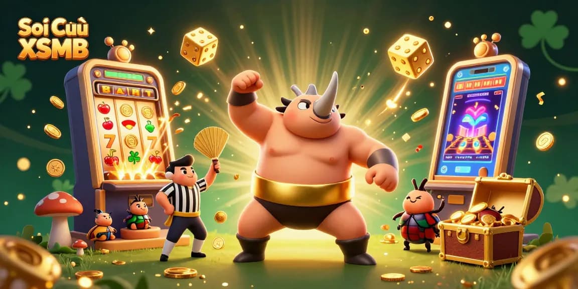 Soi Cầu XSMB features a 3D rhinoceros beetle sumo champion amidst a dazzling jackpot celebration with flying coins and engaging casino elements.