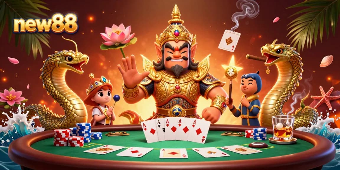 Experience thrilling poker action with new88 featuring stunning 3D guardians and vibrant game elements.