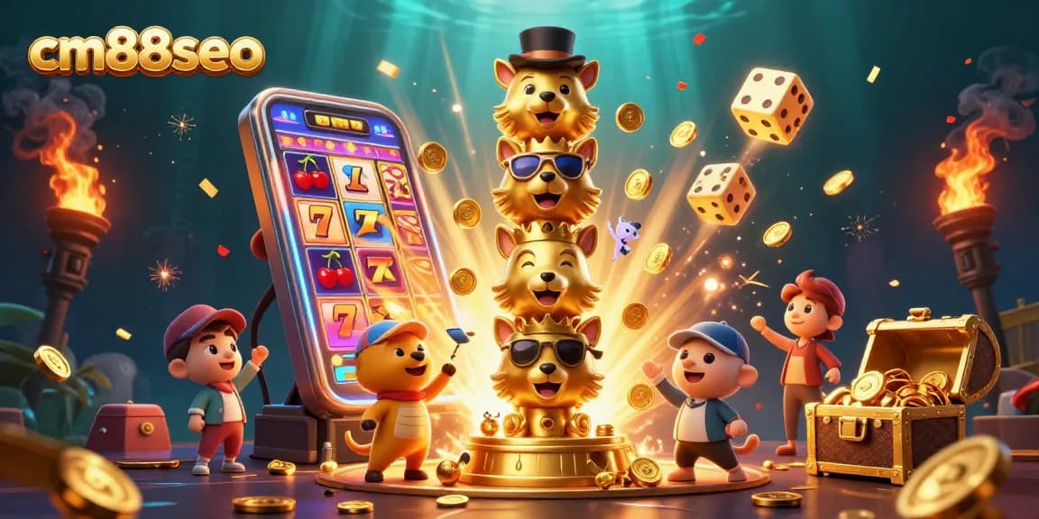 Spin to win at cm88seo with a vibrant 3D casino scene showcasing a slot machine bursting with prizes.