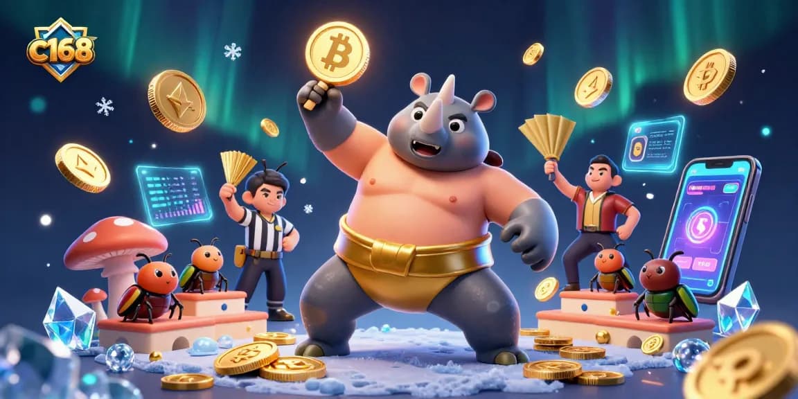 Experience the thrill at c168 with a dynamic illustration of a beetle sumo champion celebrating wins with golden coins.