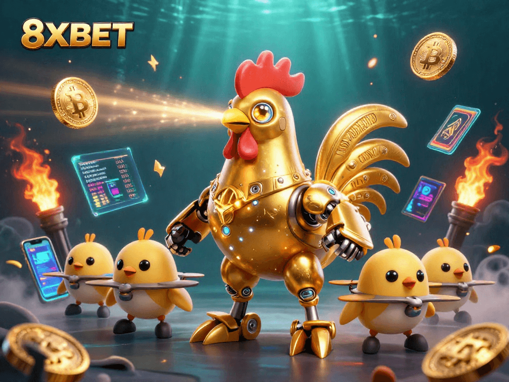 Experience thrilling gaming with 8XBET's vibrant 3D casino illustration showcasing excitement and innovation.