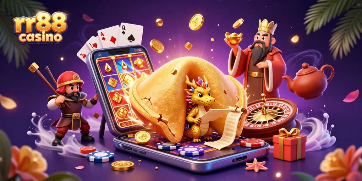 Engage with the thrilling rr88 casino featuring a golden fortune cookie scene filled with gaming excitement.