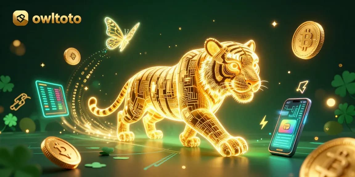 Engage with owltoto in a vibrant, dynamic digital casino scene featuring a neon tiger and cryptocurrency elements.