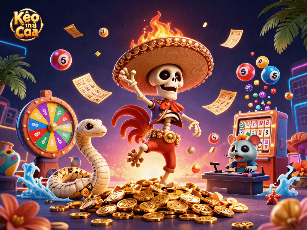 Kèo nhà cái celebrates with a vibrant illustration of a dancing rooster and a golden prize wheel amidst a casino theme.