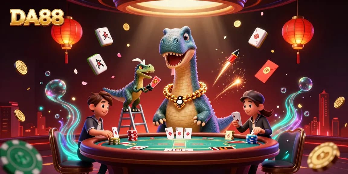 Experience thrilling moments at DA88 with a giant dinosaur dealer and a clever raptor in a vibrant casino scene.