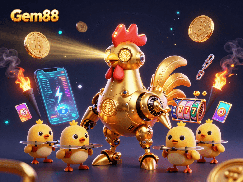 Gem88 presents a vivid 3D illustration showcasing a futuristic rooster robot amid casino elements and cryptocurrency.