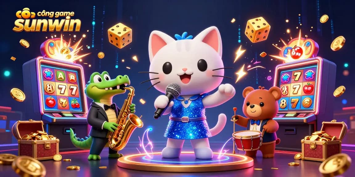 Experience the excitement of cổng game sunwin with a lively cartoon casino illustration featuring jazz-singer cat and friends.