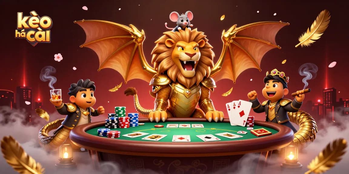 Experience thrilling kèo nhà cái action with stunning visuals of a golden chimera and poker elements.