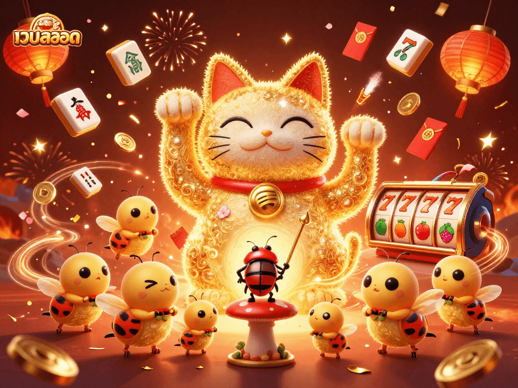 Experience the thrill of เว็บสล็อต with a vibrant lucky cat scene surrounded by casino symbols and elements.