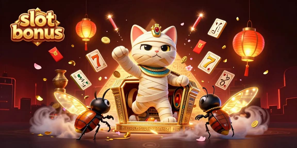 Engage with the slot bonus, witnessing an Egyptian mummy cat and scarab beetle in a vibrant casino illustration.