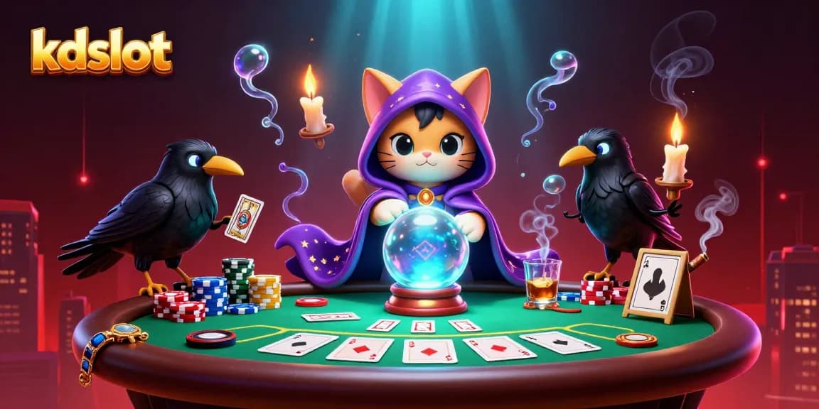 Engaging scene highlighting kdslot with a mystical cat and raven at a vibrant poker table.