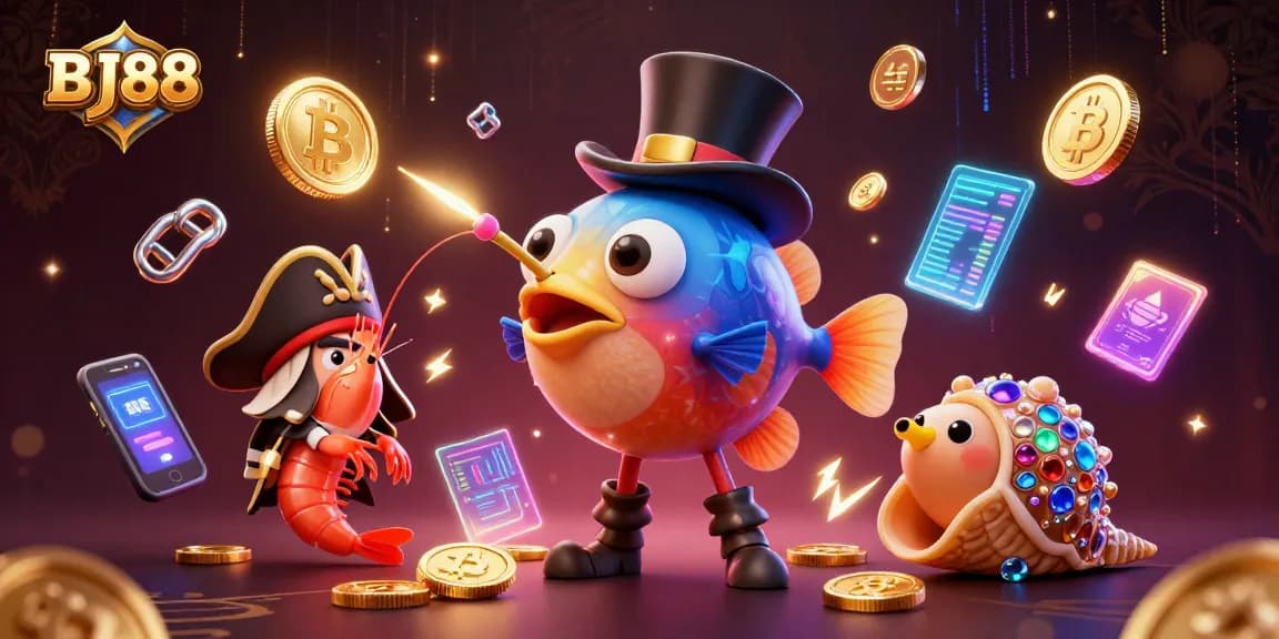 BJ88 attracts golden coins in a dynamic casino-themed scene with a deep-sea anglerfish, pirate shrimp, and gem snail.