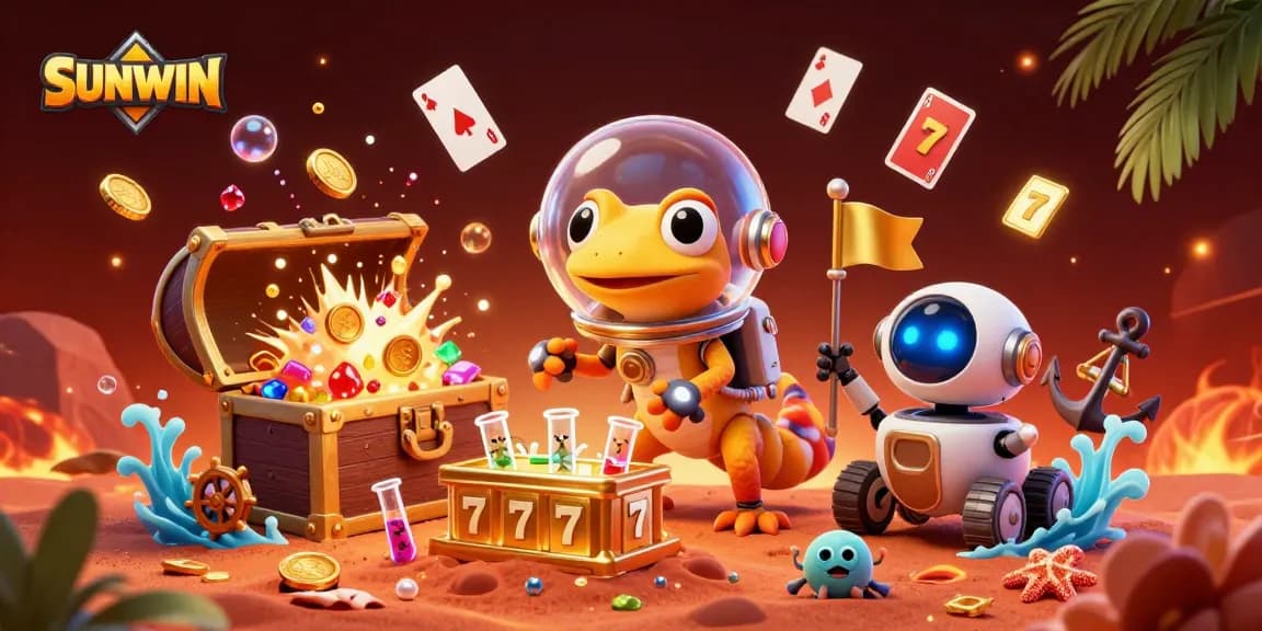 SUNWIN showcases a Martian gecko exploring a golden casino amidst vibrant gambling elements.