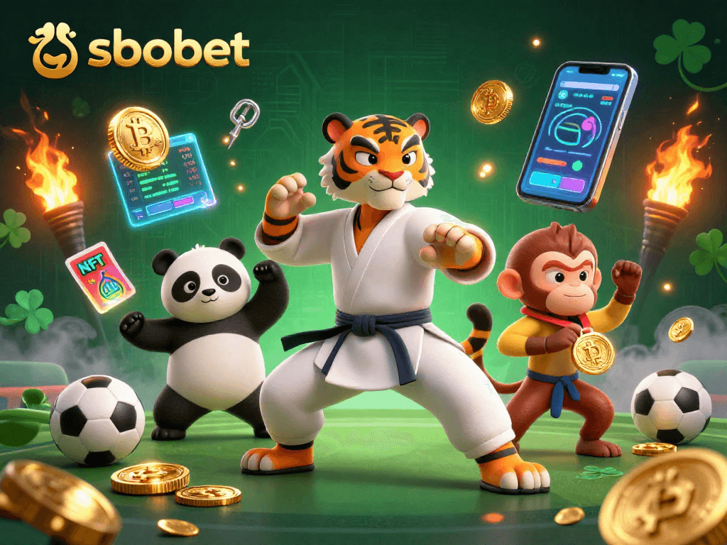Engage in sbobet sports betting with dynamic cartoon characters representing mastery and achievement.
