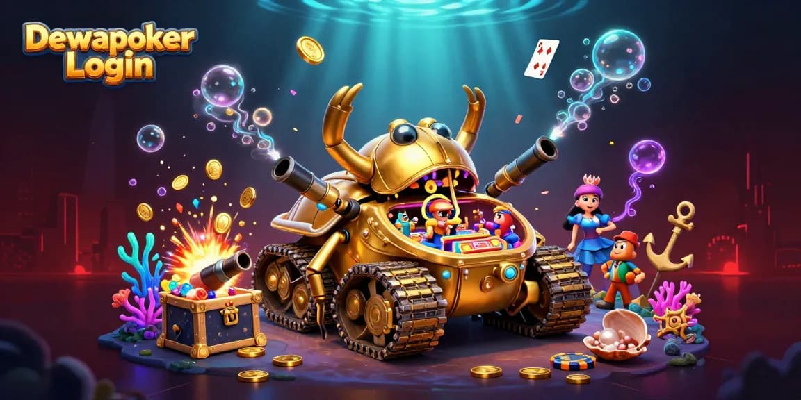 Dewapoker Login showcases a vibrant 3D casino illustration with a golden tank and festive elements in a unique scene.