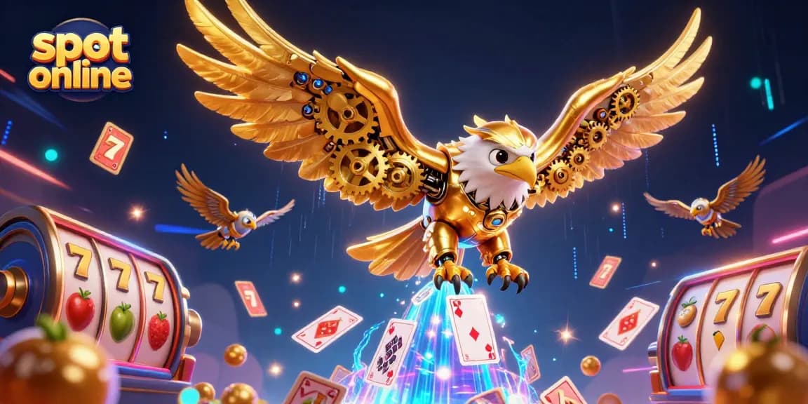 Mainkan slot online dengan mesin slot canggih dan simbol keberuntungan yang terbang dalam ilustrasi.