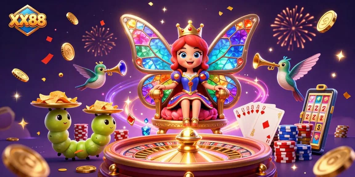 Spin the reels with XX88 as a butterfly queen reigns over an opulent casino kingdom.