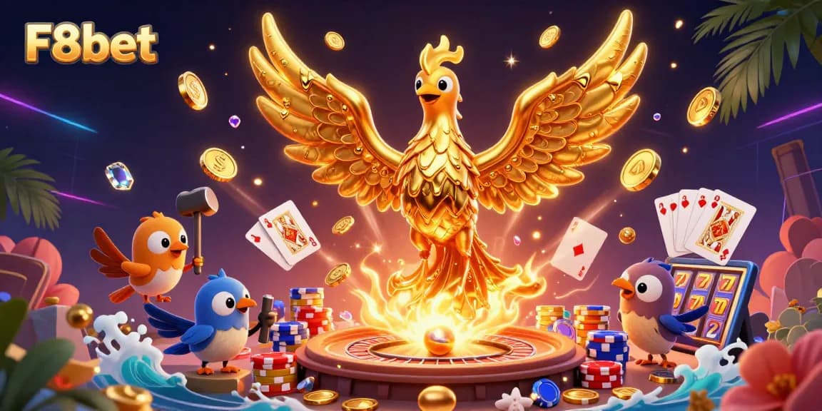 Experience the thrill of F8bet with dynamic casino elements and golden imagery.