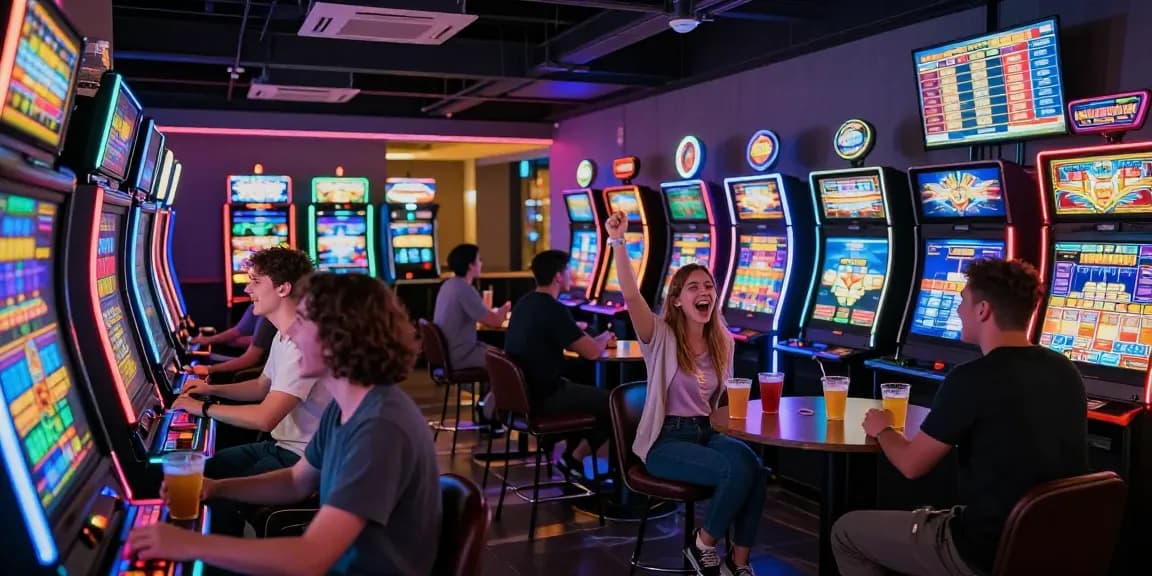 Pengalaman bermain slot gacor di kasino modern dengan suasana ceria dan lampu neon.
