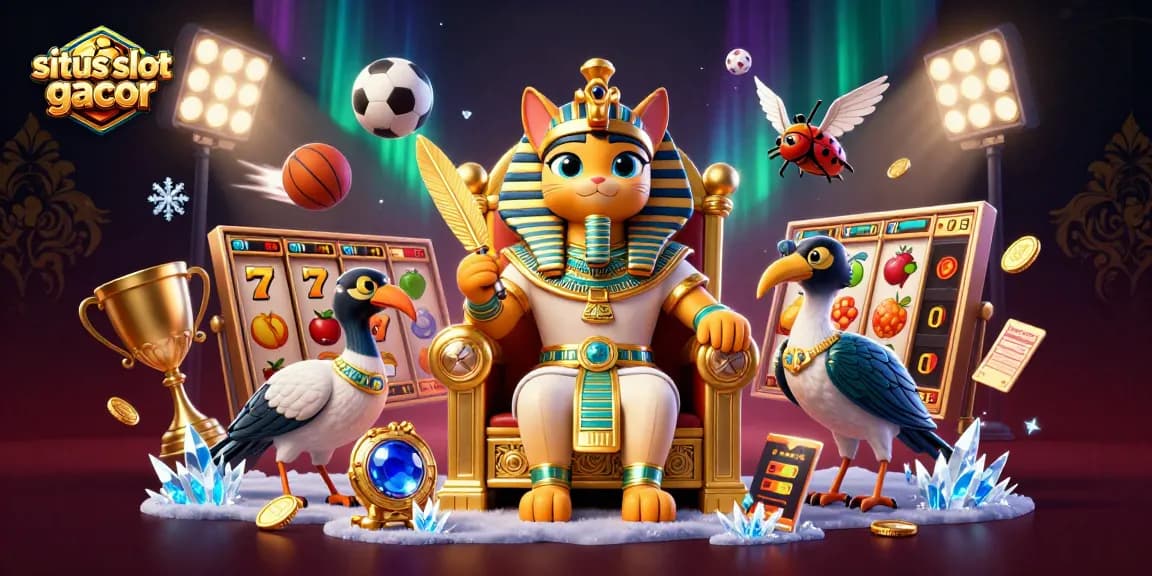 situs slot gacor features an excitable 3D Egyptian pharaoh cat surrounded by thrilling slot reels and sports elements
