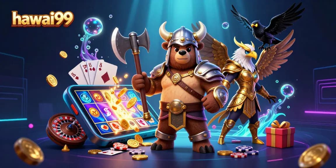 Explore hawai99's vibrant casino adventure with a Viking bear and Valkyrie eagle in this dynamic illustration.