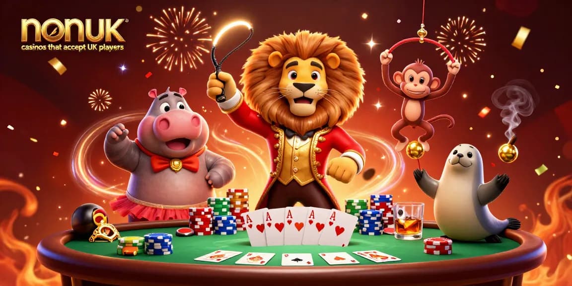 Engaging scene showcasing non UK casinos that accept UK players, featuring animated casino characters and vibrant gaming elements.