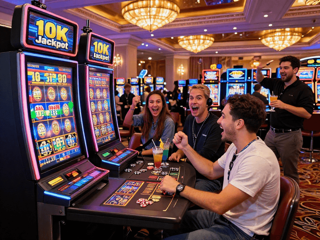 Excited players at a slot 10k machine in a luxurious casino setting.
