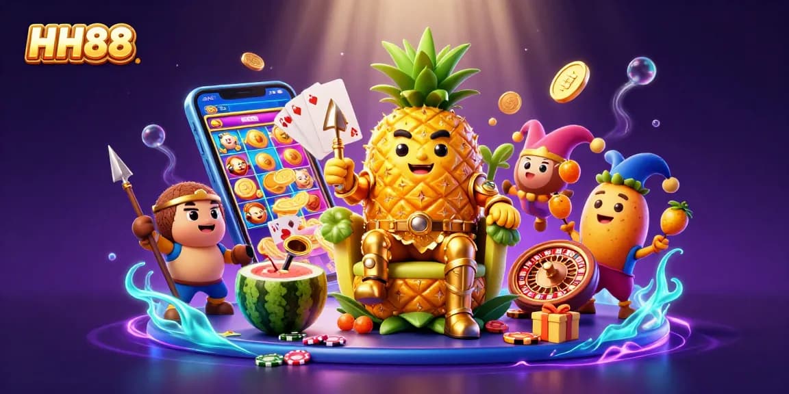 Engage with thrilling games at HH88 while the golden pineapple king reigns over a vibrant beach casino.
