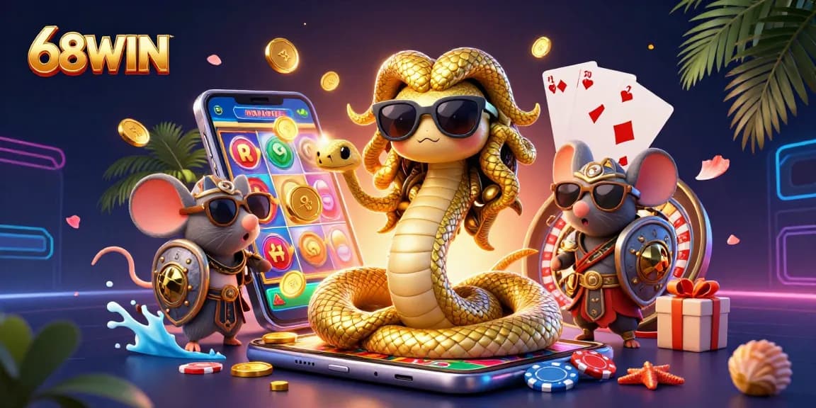 Spin and win at 68WIN with colorful slot games and golden rewards in this dynamic casino scene.
