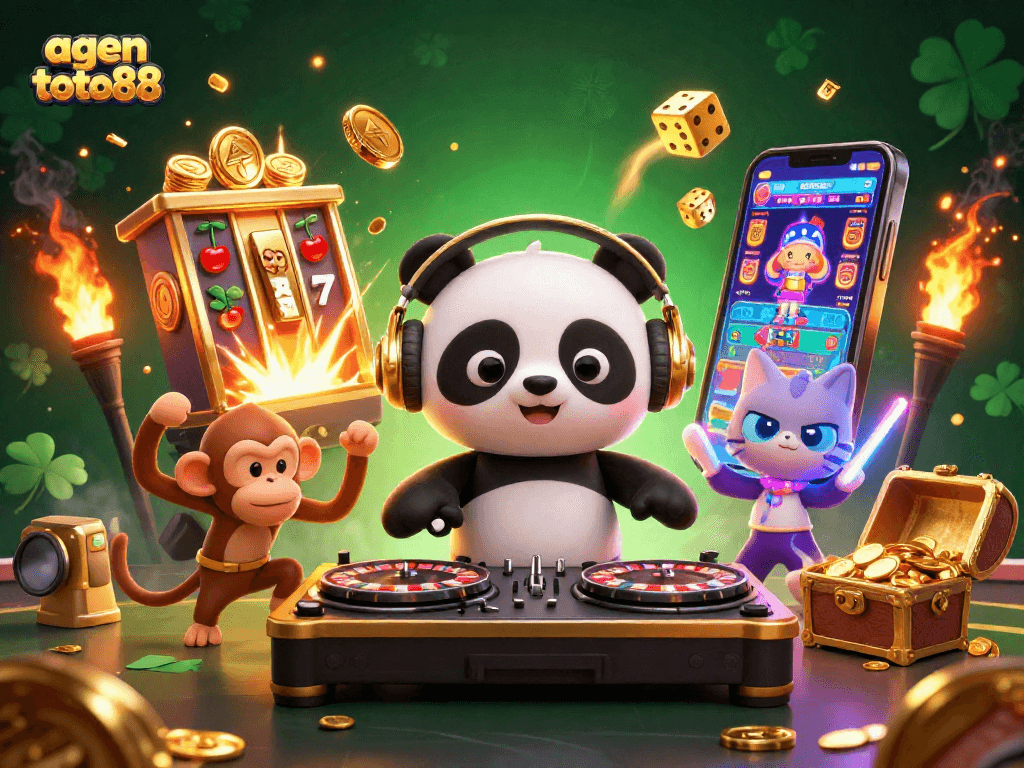 Spin to win at agen toto88 with a vibrant DJ panda, dancing animals, and exploding jackpot excitement!