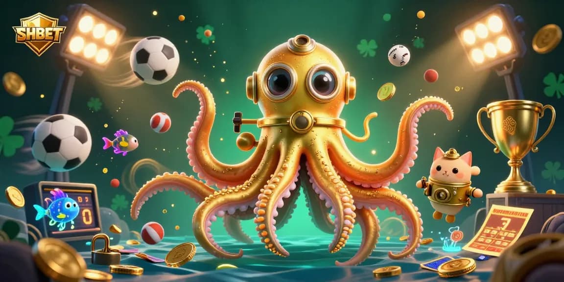 Bet on SHBET with a vibrant 3D scene featuring a kraken, a diving cat, and sports elements.