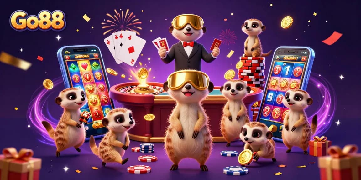 Go88-themed illustration with meerkats running a lively casino packed with dynamic gaming elements.