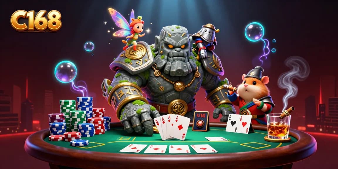 C168 invites players to experience dynamic online gambling with lively illustrations of a golem guardian and poker elements.