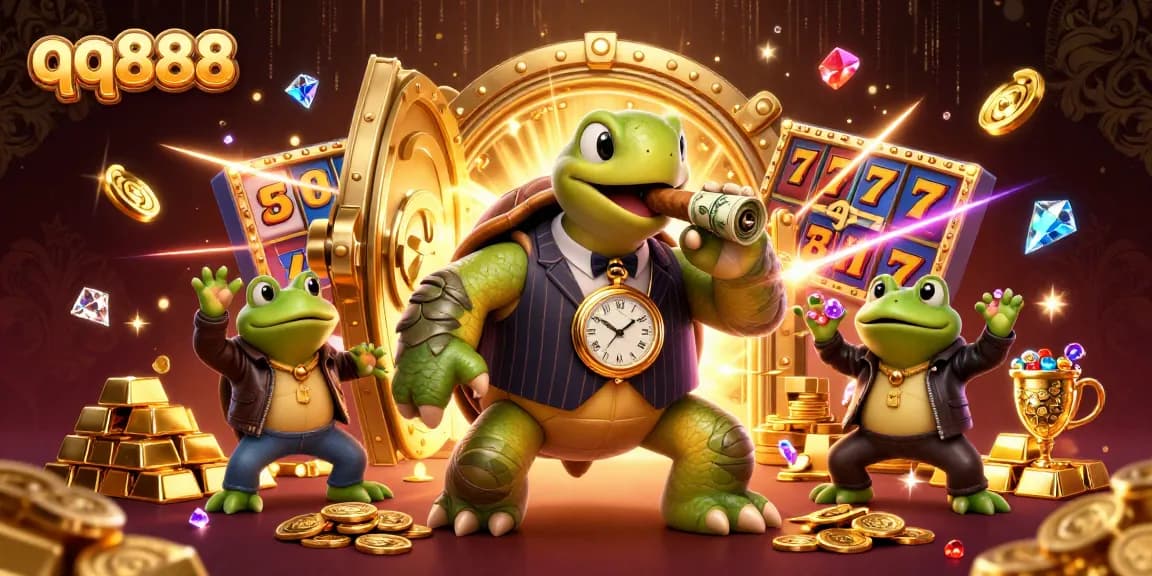 Engage with qq888's thrilling casino action led by cartoon characters in vibrant, dynamic illustration.