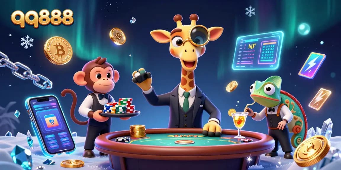 Experience exciting gameplay at qq888 with a high-roller giraffe at a VIP table, shining coins, and vibrant cocktails.